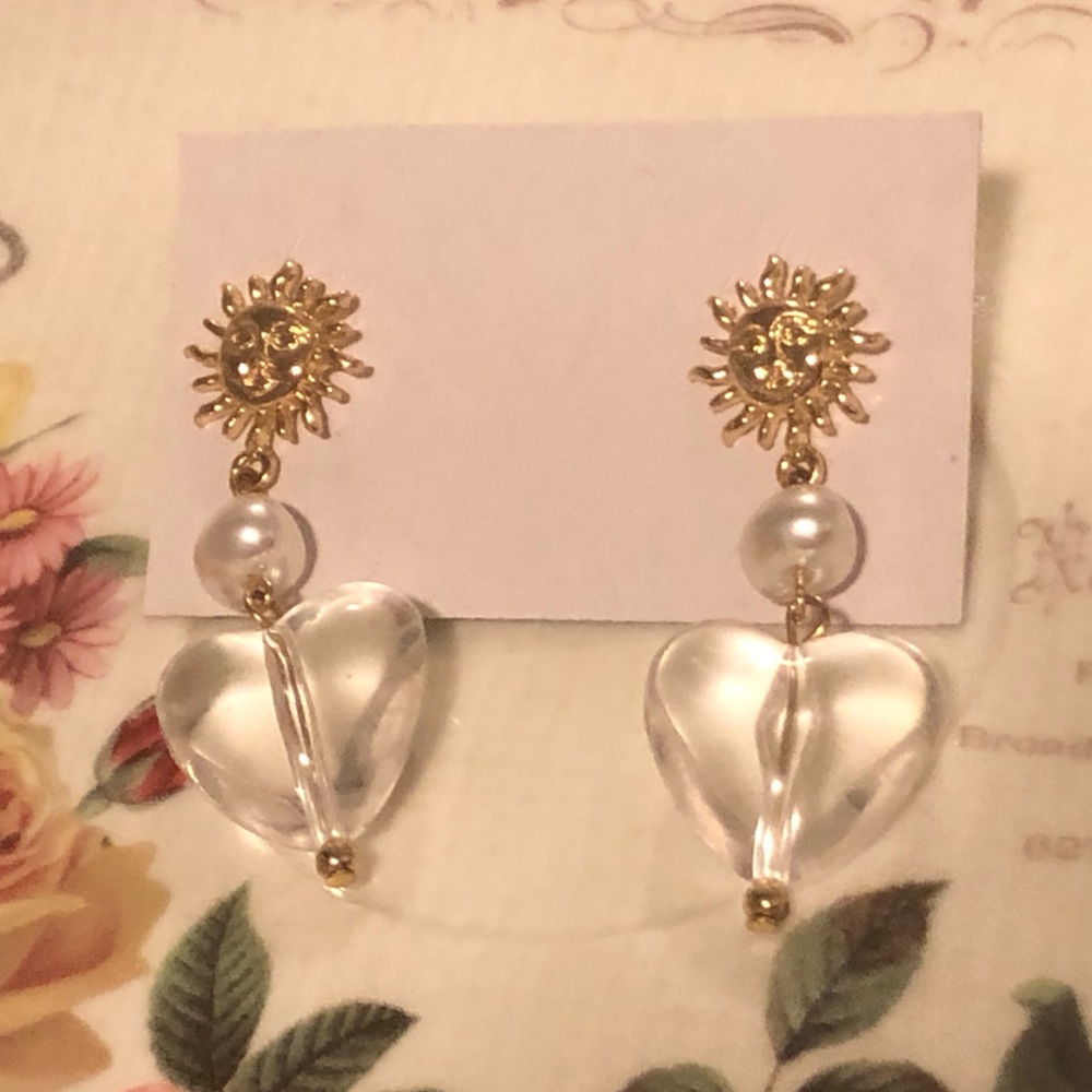 Dangling Boho Styled Sun Earrings with Pearl and Heart - Brand New